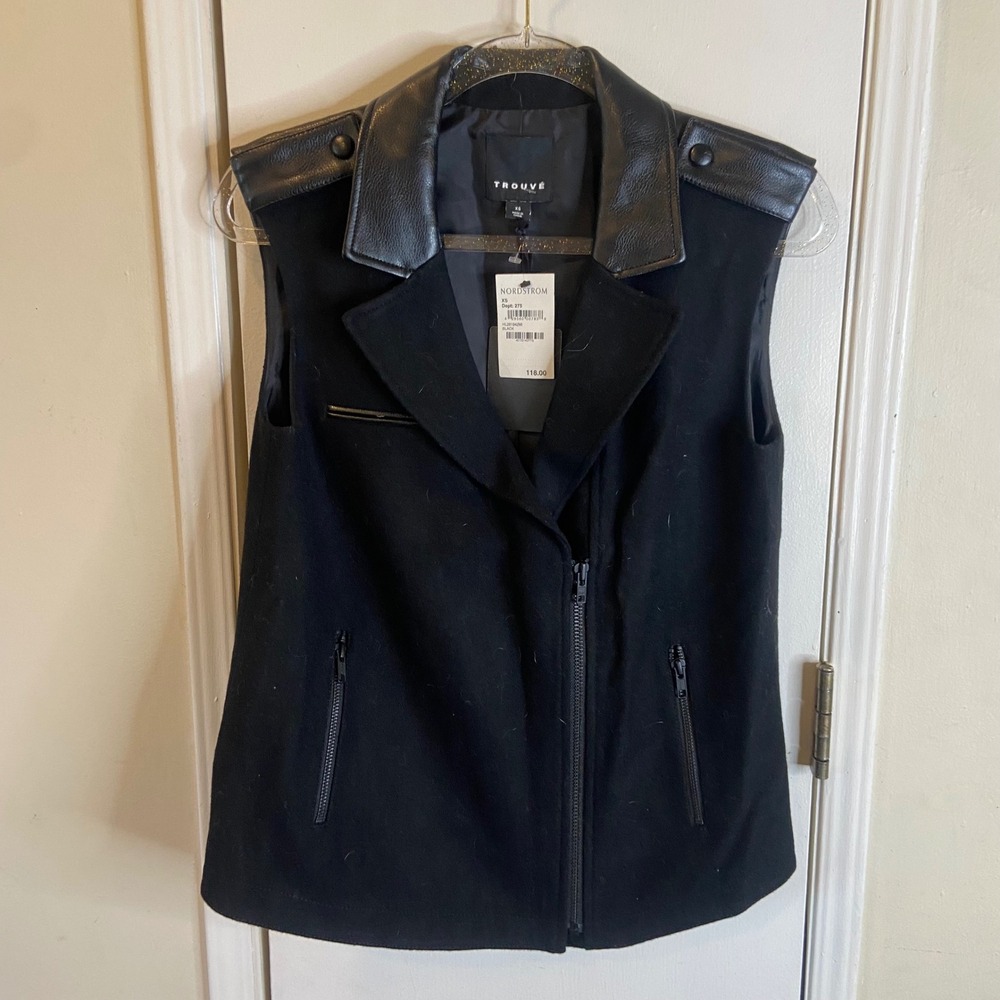 Trouve Nordstrom Womens XS Black Wool Blend Moto Vest Faux Leather Trim HL281942